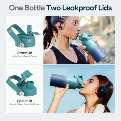 Buzio Duet Series Water Bottle with 2 Lids and Sleeve 1L - Cyan Blue